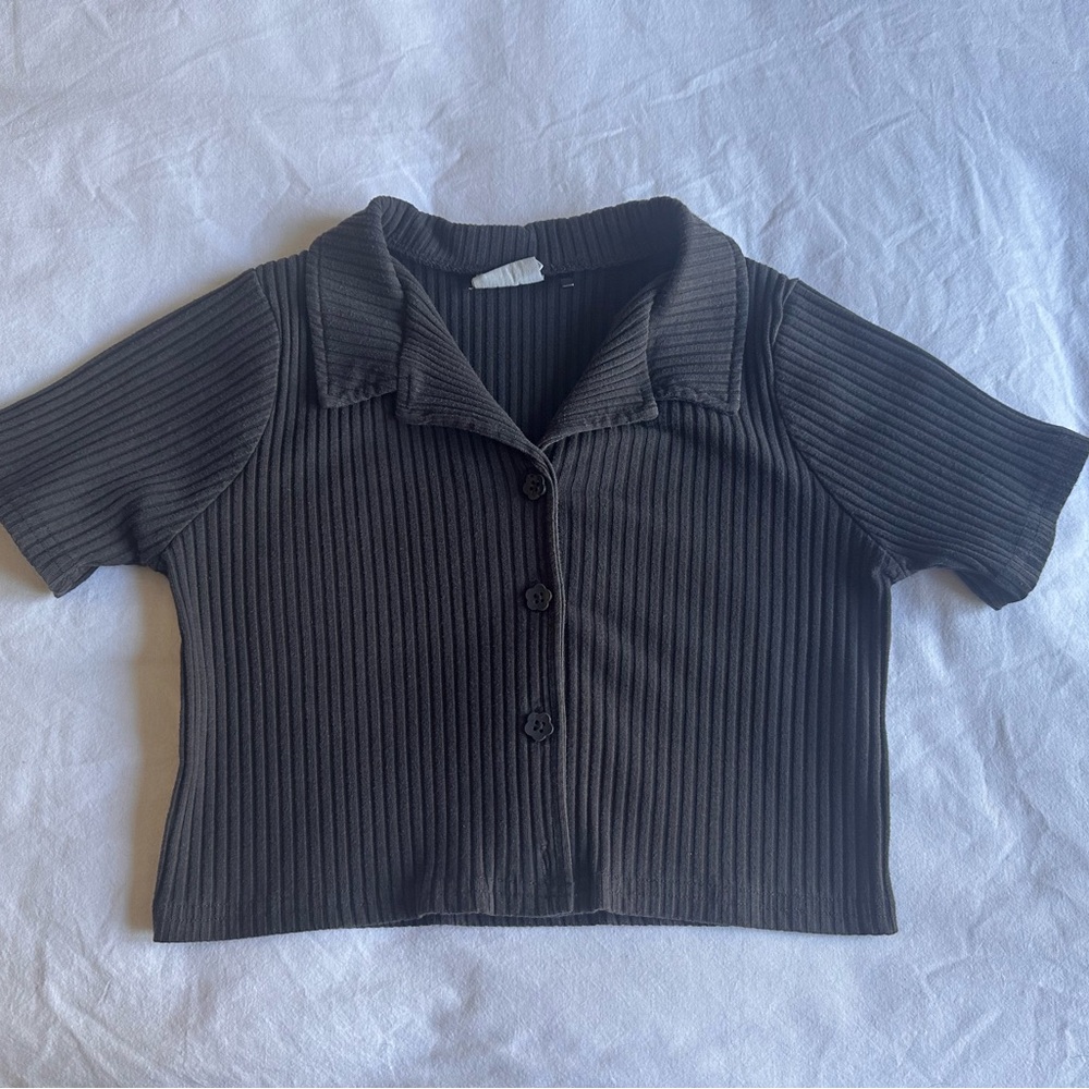 Kids Black Ribbed Button-Down Shirt